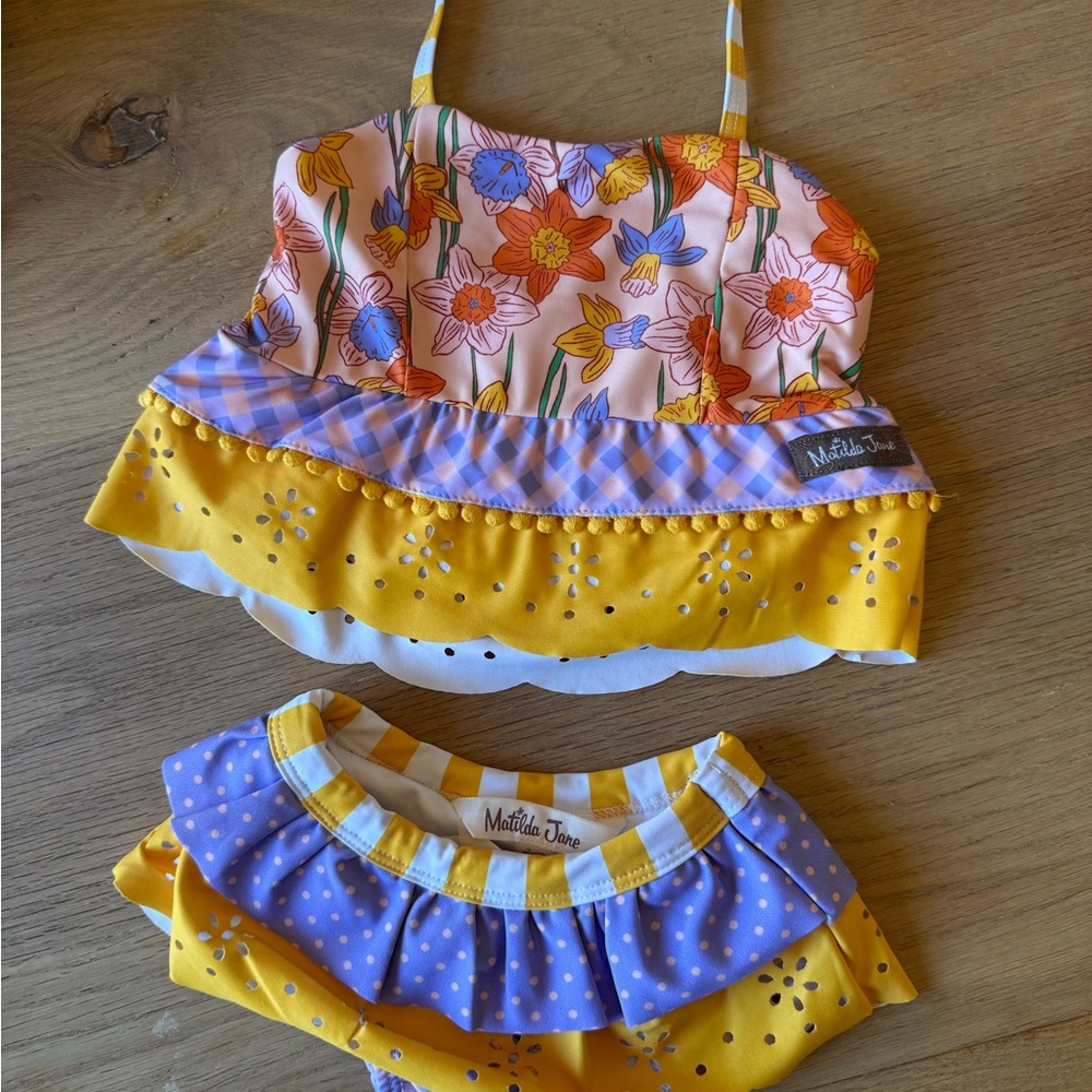 Matilda Jane Yellow, Peach & Lavender Floral Ruffle Two-Piece Toddler Swim Set - Picture 2 of 5